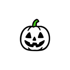 Simple black outline drawing of a white pumpkin with a green stem and a carved jack-o'-lantern face