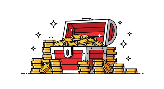 Unlock immense wealth with overflowing treasure chest brimming with gold coins and sparkling treasures.