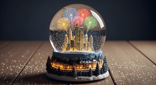 Snow Globe New Year Entire city skyline with fireworks inside detailed snow globe on wooden table.