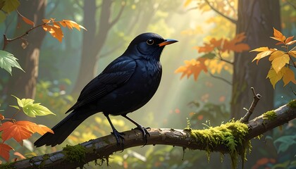 Blackbird perched in autumn forest
