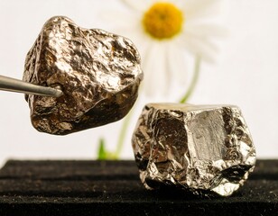 Two rough, metallic cubes levitate slightly above a dark surface, with a white daisy in the background
