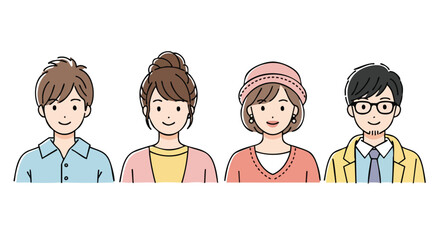 Diverse group of friendly cartoon people smiling happily together, perfect for your next project