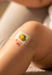 Child with cute bee bandage on scraped knee after playground accident