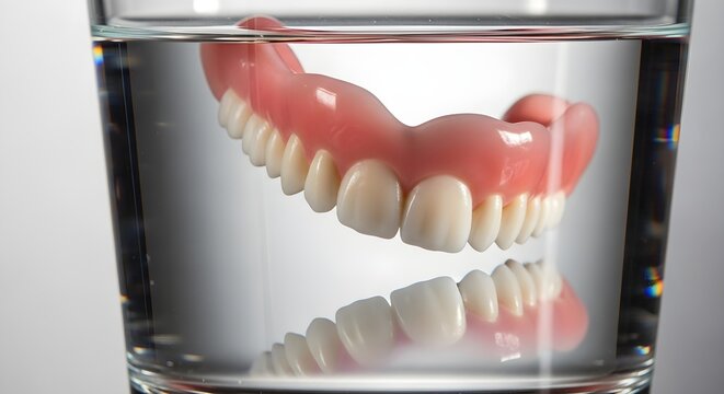 Cleaning and Soaking Full Denture in Glass of Water for Dental Hygiene Advertisement