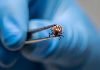 Examining Lyme disease tick with tweezers by gloved hand in medical lab for scientific research publication