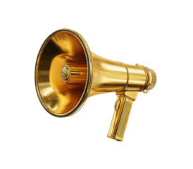 A polished golden megaphone, angled, against a black background.  The megaphone's horn and handle are smooth and reflective