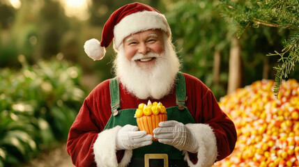 Santa farmer outfit holding candy corn cheerful outdoor autumn festive holiday senior man white beard green apron