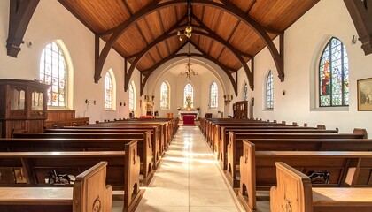 Interior of a church with wooden pews and stained glass