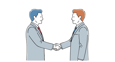 Two smiling businessmen in suits shake hands, sealing a deal with a professional greeting.