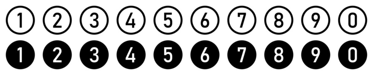 Obraz premium Set of counting numbers from 0-9 in black circles stroke and fill. Set of bullet point numbers from 0-9. Numeric typography of numbers from 0 to 9 for apps and UI isolated in stroke and fill styles