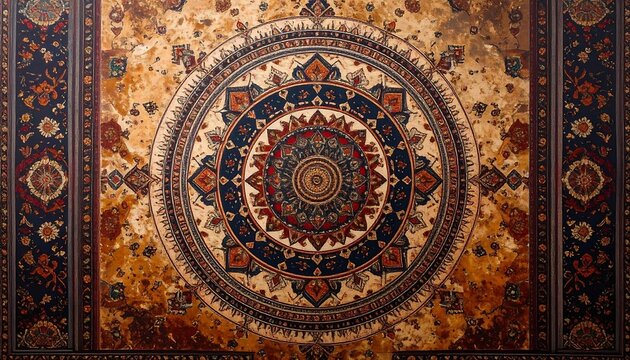 Ornate, circular design on a patterned surface