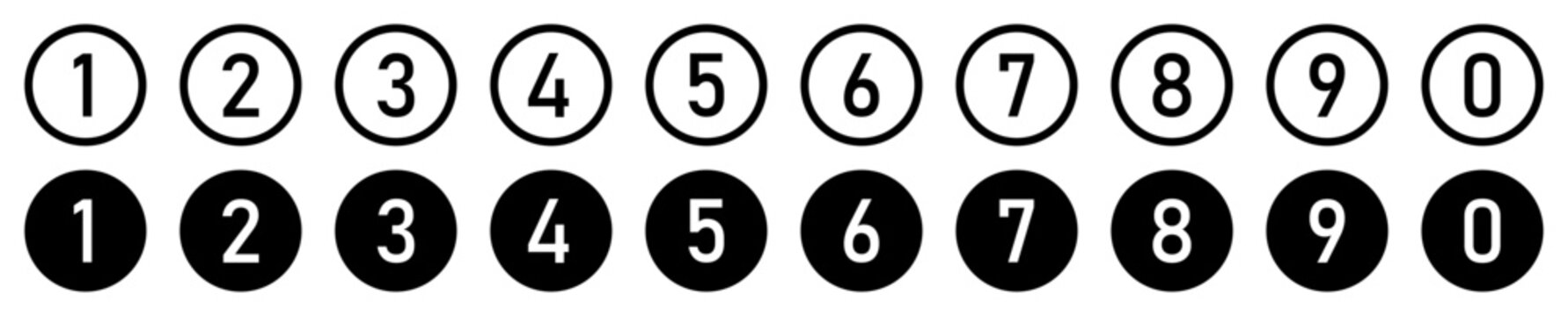 Set of counting numbers from 0-9 in black circles stroke and fill. Set of bullet point numbers from 0-9. Numeric typography of numbers from 0 to 9 for apps and UI isolated in stroke and fill styles