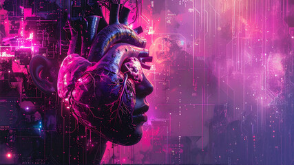 A fusion of a human profile and an intricately detailed, glowing heart, integrated with complex digital circuitry against a vibrant purple and pink neon background. This abstract image explores themes