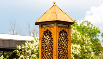 Ornate wooden tower in garden setting