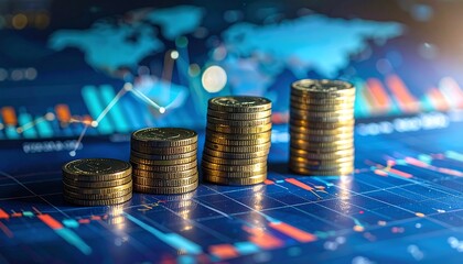 Golden coins displayed with financial charts against a world map backdrop
