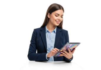 Businesswoman using tablet isolated on transparent background
