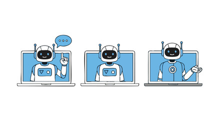 Friendly AI chatbot assistants engage users with helpful information and support on laptops