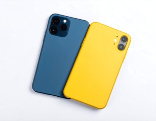 Two colorful smartphones, navy blue and bright yellow, lie on a white surface