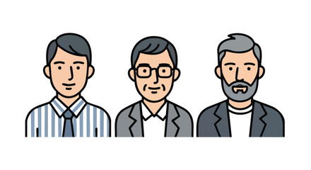 Three diverse men in professional attire representing different ages and styles for business or team concepts