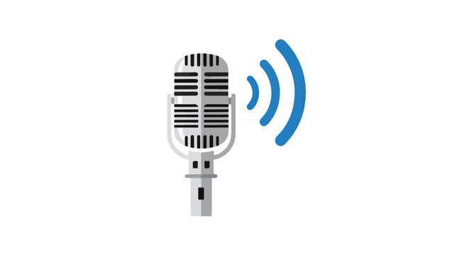 Vintage microphone broadcasting signal, illustrating audio production and podcasting technology, suitable for advertising and informational purposes