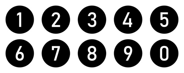 Counting numbers set from 0-9 in black circles. Bullet points icon set with numbers from 0-9. Numeric or numeral typography of numbers from 0 to 9 for app, websites and UI isolated on white background