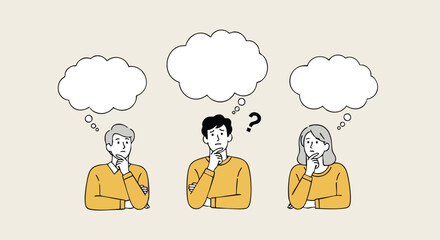 Diverse people ponder with thought bubbles, seeking solutions to complex questions.