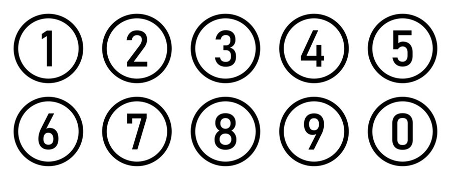 Counting numbers set from 0-9 in black circles outline. Bullet point icons set with numbers from 0-9. Numeric typography of numbers from 0 to 9 for apps, websites and UI isolated on white background