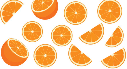 Vibrant Citrus Array: A Cheerful Pattern of Fresh Orange Slices and Halves on a Pristine White Backdrop offering a refreshing taste