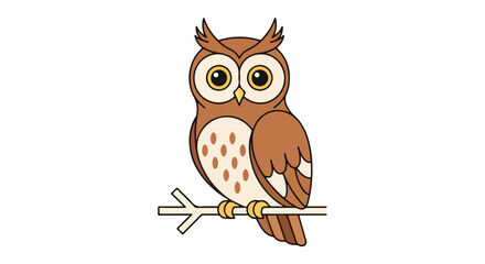 Cartoon owl perched on a branch with a white background in a charming design, perfect for children's books and nature-themed illustrations