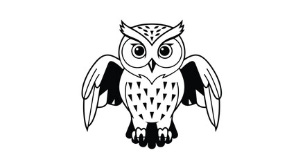 Stylized owl illustration with open wings in black and white minimalistic design suitable for children's books or educational materials