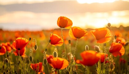 Obraz premium Vibrant poppy field basks in golden hour sunlight. Delicate petals glow against a blurred landscape, capturing nature's beauty