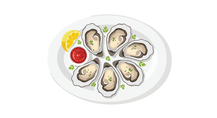 Elegant Plate of Oysters with Vibrant Lemon and Spicy Sauce: A Seafood Delight Illustration