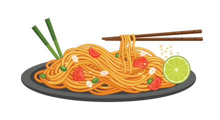 Delightful Noodle Dish with Fresh Toppings and Elegant Chopsticks Artwork, a Culinary Illustration