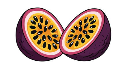 Vivid illustration of two passion fruit halves showcasing pulp and seeds on a clean white background