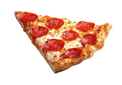 A triangular slice of pepperoni pizza, showcasing the crust, melted cheese, and pepperoni toppings.  The slice is isolated against a black background