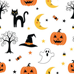 Fototapeta premium Cute Halloween seamless pattern with pumpkins cats ghosts and moons.