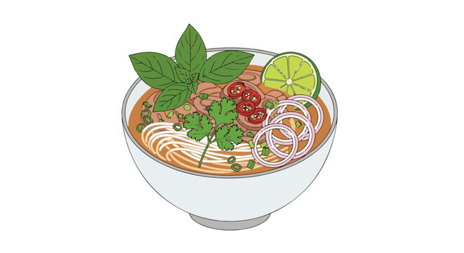 Elegant drawing featuring a delectable bowl of pho loaded with vibrant herbs and fresh toppings, presenting a culinary masterpiece