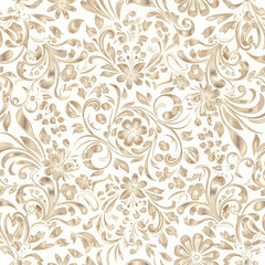Elegant Gold Floral Damask Seamless Pattern on a Light Background.