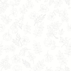 Obraz premium Elegant Hand Drawn Floral Seamless Pattern with Light Gray Flowers and Leaves.