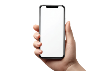 Hand holding a black smartphone with a blank screen