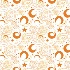 Hand drawn celestial seamless pattern with orange moons and stars.