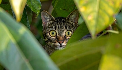 Curious cat hidden in lush foliage