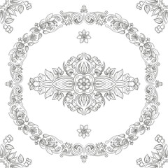 Hand Drawn Symmetrical Floral Circle Frame with Ornate Medallion.