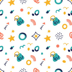 Hand Drawn Whimsical Doodle Shapes Seamless Background.