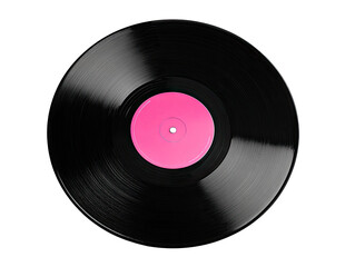 Close-up of a black vinyl record with a hot pink label