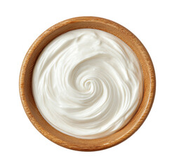 Creamy dairy product in a wooden bowl, swirling texture