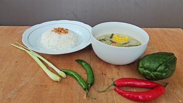 rice and vegetables,Sayur lodeh is Indonesian vegetable soup from Javanese cuisine,prepared from vegetables cooked in coconut milk