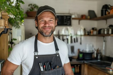 Confident barista smiling at the camera in his coffee shop