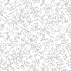Fototapeta premium Seamless pattern with hand drawn leaves and flowers botanical illustration black and white line art.