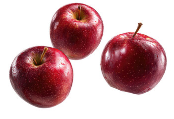 Three vibrant red apples, seemingly suspended, against a black background.  Each apple displays a deep crimson color, a multitude of tiny speckles, and a noticeable stem